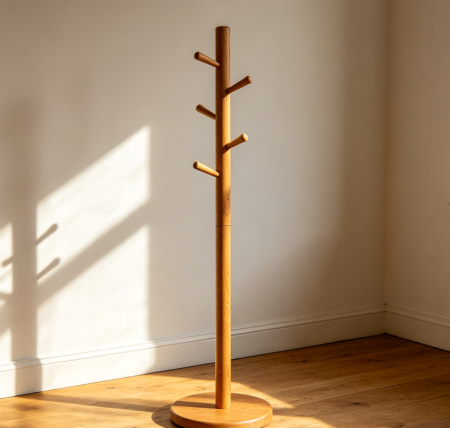 Tall Wooden Clothes Tree with Four Hooks and Base